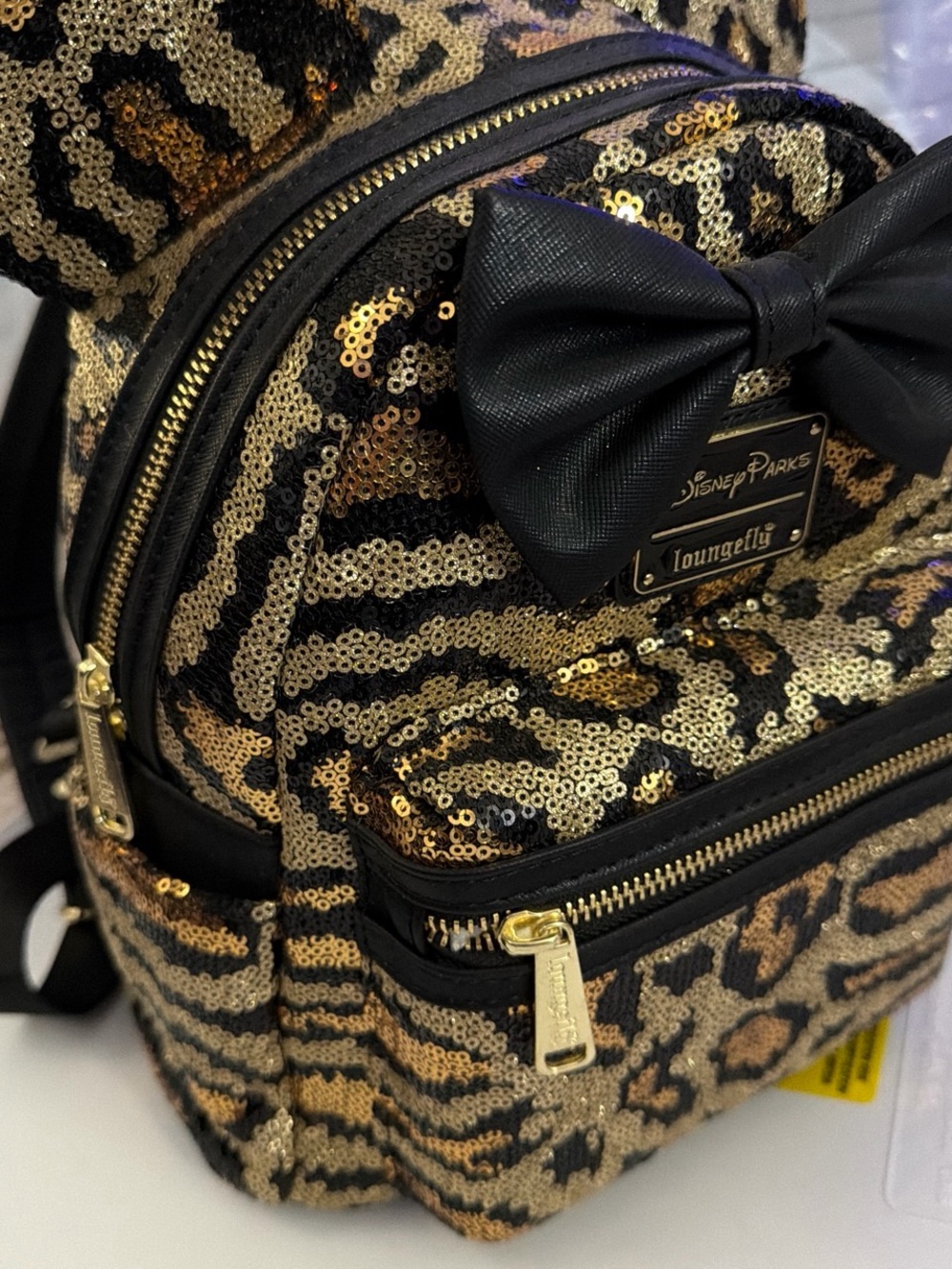 Loungefly Gold & Black Sequin Leopard Mini Backpack with Bow - Picture 5 of 5